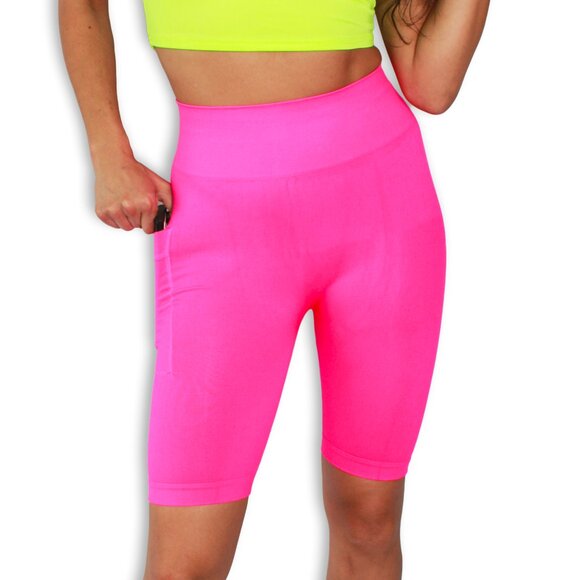 Neon Pink Athletic Biker Shorts with Side Pocket - Gym Workout Shorts - Picture 1 of 5